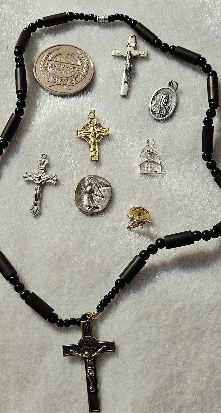 Religious Black Bead Necklace with Cross Pendants, Pins And Coins Lot